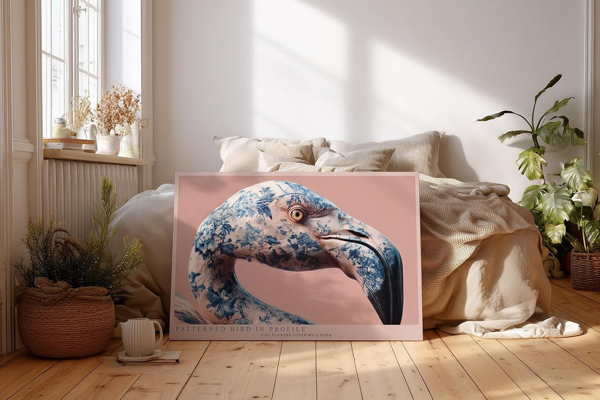 Paul Sinus Wandbild 120x80cm Flamingo Profil blau weißes Muster kunstvolle Tierillustration moderne Tierkunst stilvolle