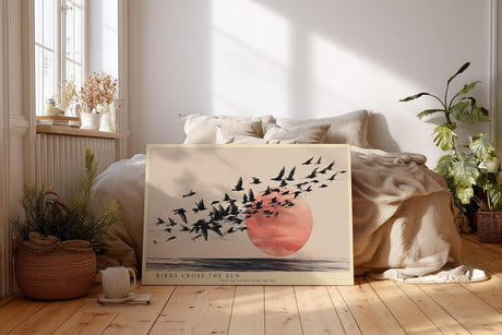 Paul Sinus Wandbild 120x80cm fliegende Vögel vor roter Sonne modernes Naturmotiv minimalistische Landschaft Kunstbild schwarz beige stilvolle