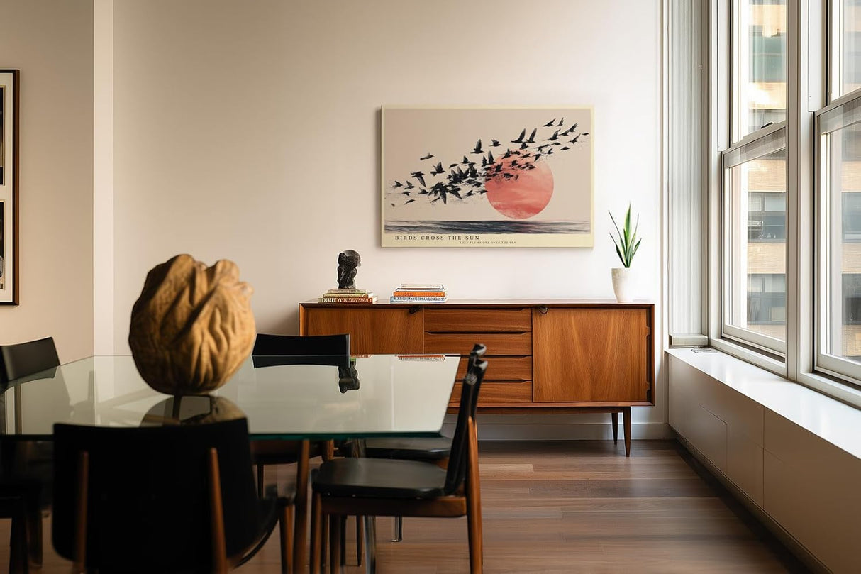Paul Sinus Wandbild 120x80cm fliegende Vögel vor roter Sonne modernes Naturmotiv minimalistische Landschaft Kunstbild schwarz beige stilvolle