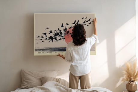 Paul Sinus Wandbild 120x80cm fliegende Vögel vor roter Sonne modernes Naturmotiv minimalistische Landschaft Kunstbild schwarz beige stilvolle
