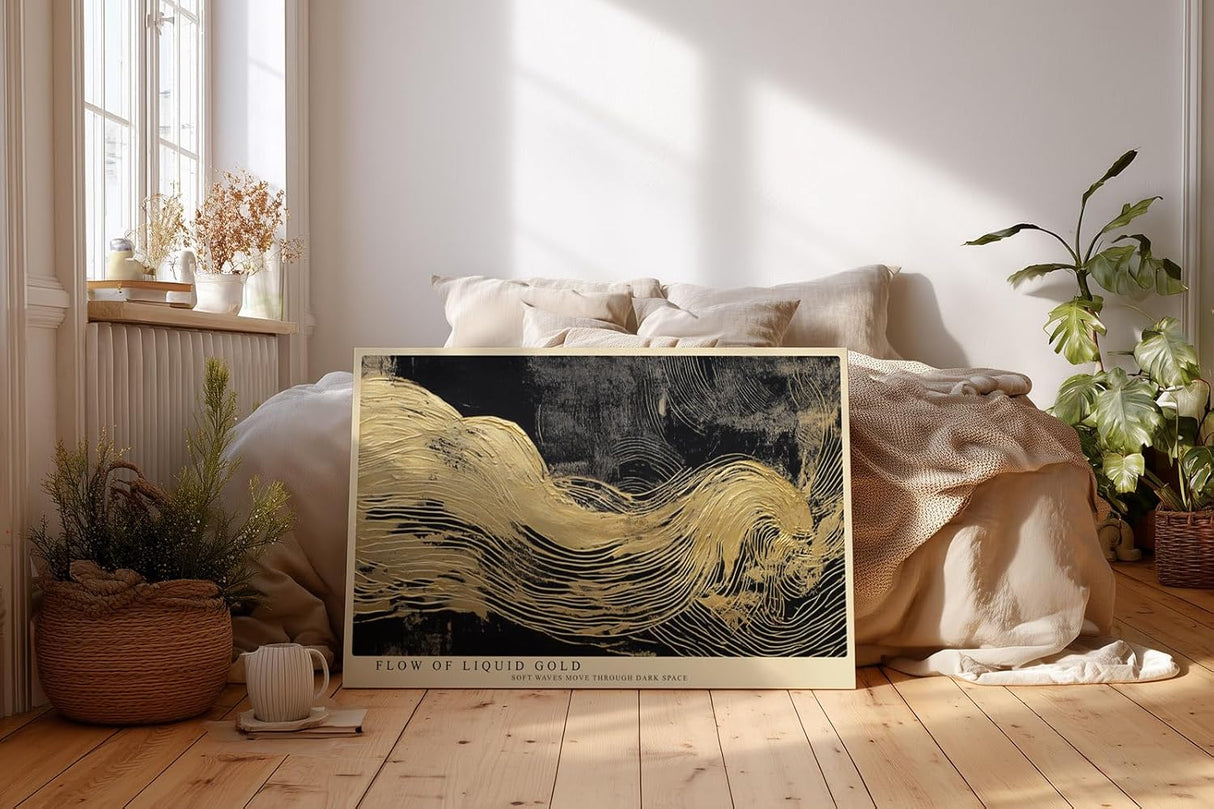Paul Sinus Wandbild 120x80cm Fließendes Gold in Bewegung – Abstrakte Kunst mit eleganten Linien auf dunklem Hintergrund
