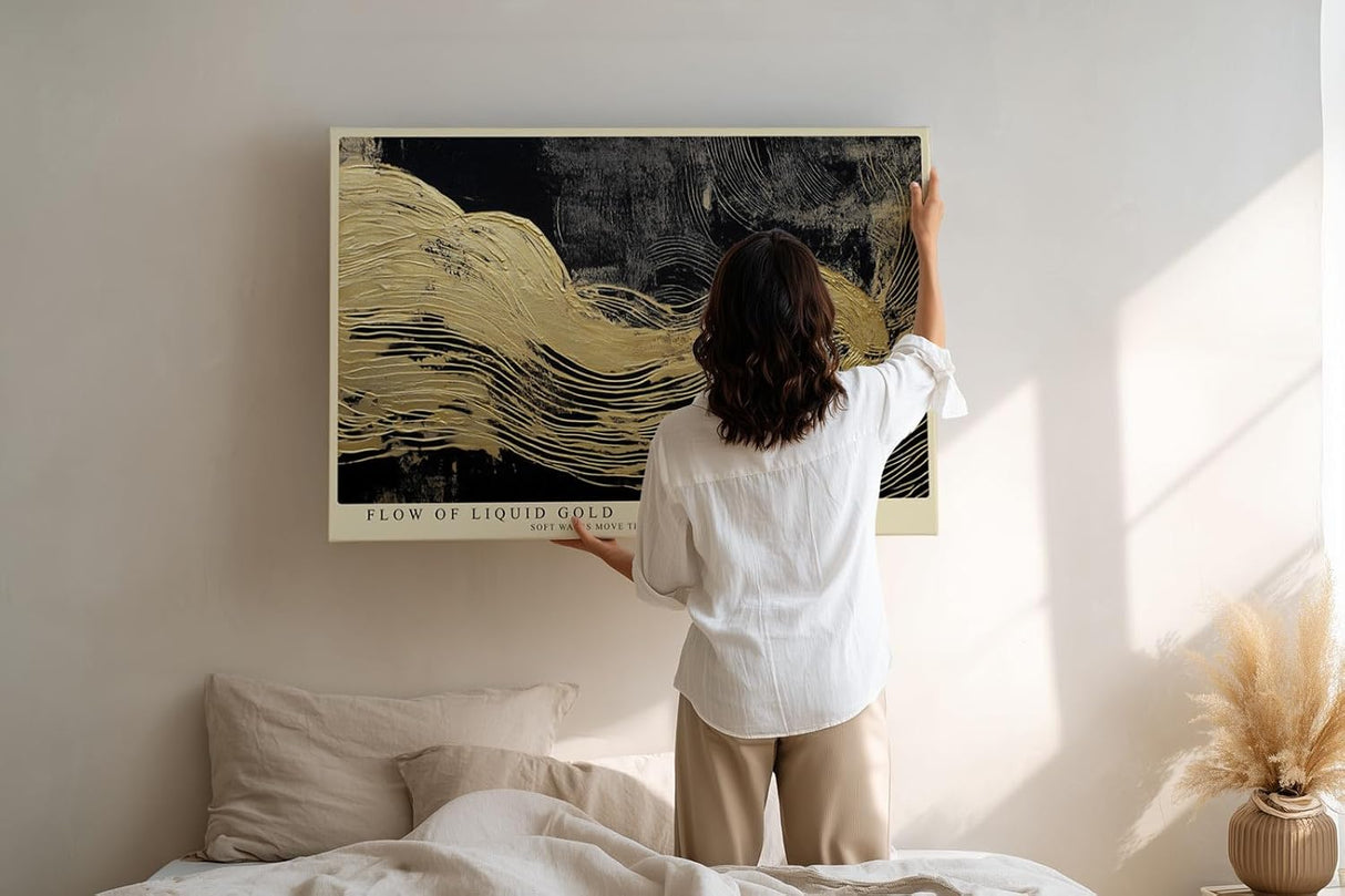 Paul Sinus Wandbild 120x80cm Fließendes Gold in Bewegung – Abstrakte Kunst mit eleganten Linien auf dunklem Hintergrund