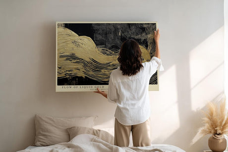 Paul Sinus Wandbild 120x80cm Fließendes Gold in Bewegung – Abstrakte Kunst mit eleganten Linien auf dunklem Hintergrund