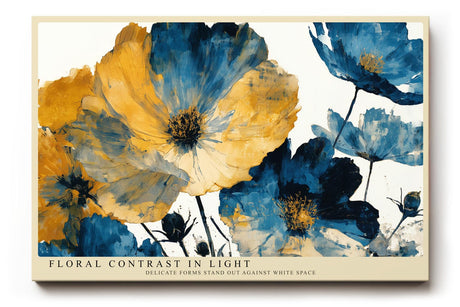 Paul Sinus Wandbild 120x80cm Floral Contrast in Light moderne Blumen Illustration in Blau und Gold Kunst Poster für Wohnzimmer Schlafzimmer