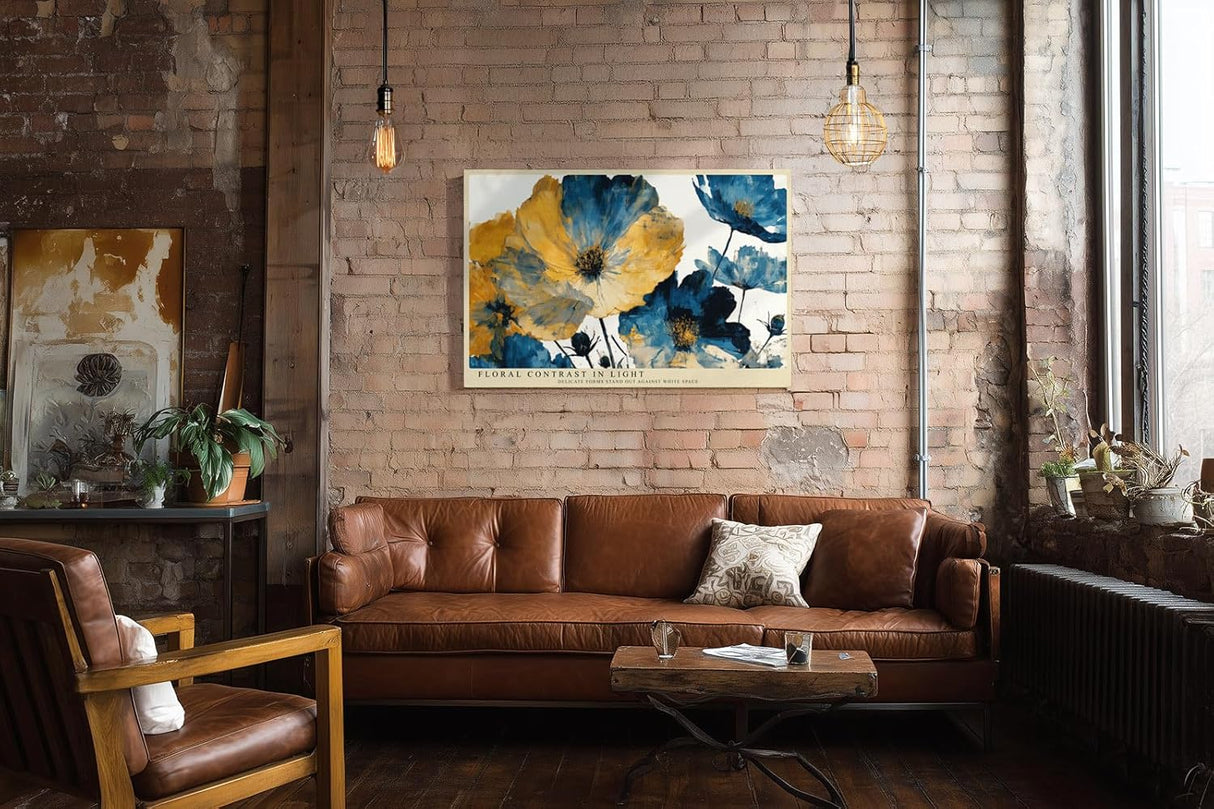 Paul Sinus Wandbild 120x80cm Floral Contrast in Light moderne Blumen Illustration in Blau und Gold Kunst Poster für Wohnzimmer Schlafzimmer
