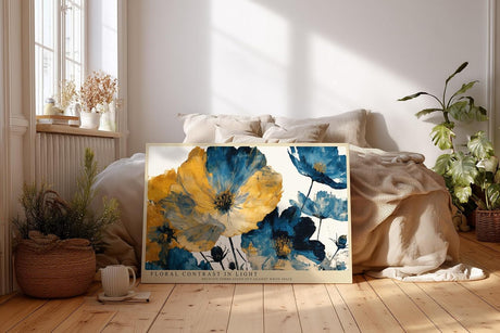 Paul Sinus Wandbild 120x80cm Floral Contrast in Light moderne Blumen Illustration in Blau und Gold Kunst Poster für Wohnzimmer Schlafzimmer