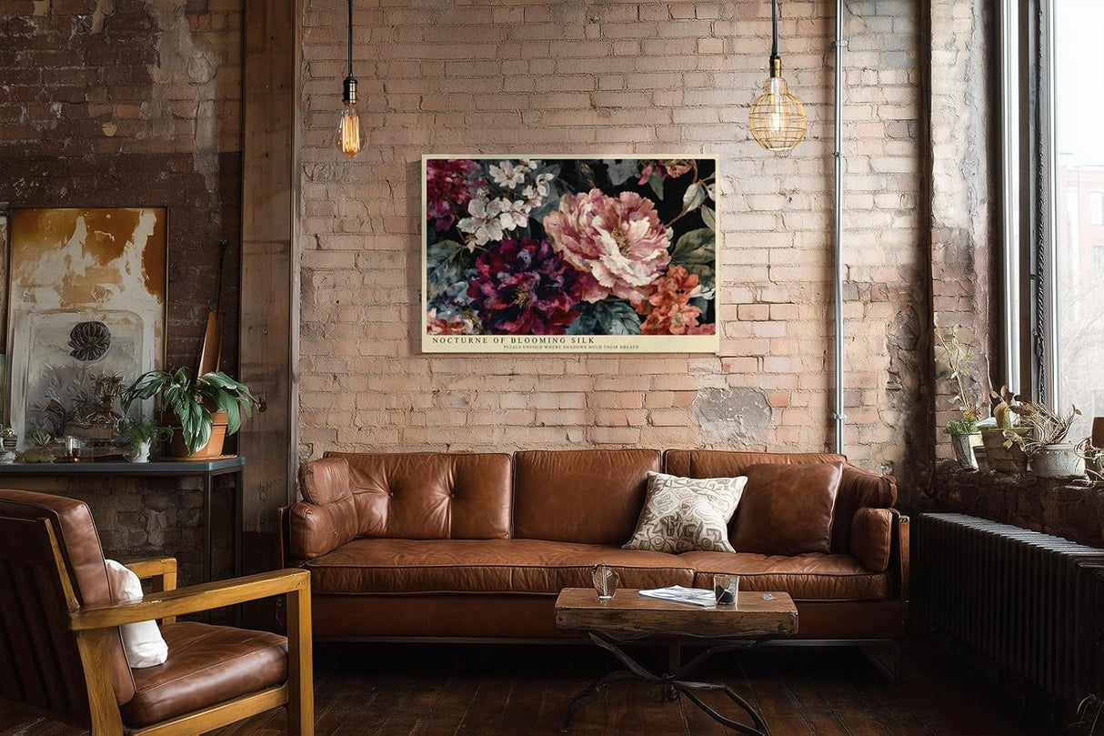 Paul Sinus Wandbild 120x80cm Florale Komposition mit grossen Blueten Dunkle botanische Kunst in Rot Rosa und Cremefarben