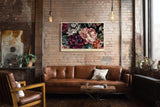 Paul Sinus Wandbild 120x80cm Florale Komposition mit grossen Blueten Dunkle botanische Kunst in Rot Rosa und Cremefarben