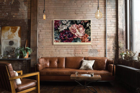 Paul Sinus Wandbild 120x80cm Florale Komposition mit grossen Blueten Dunkle botanische Kunst in Rot Rosa und Cremefarben