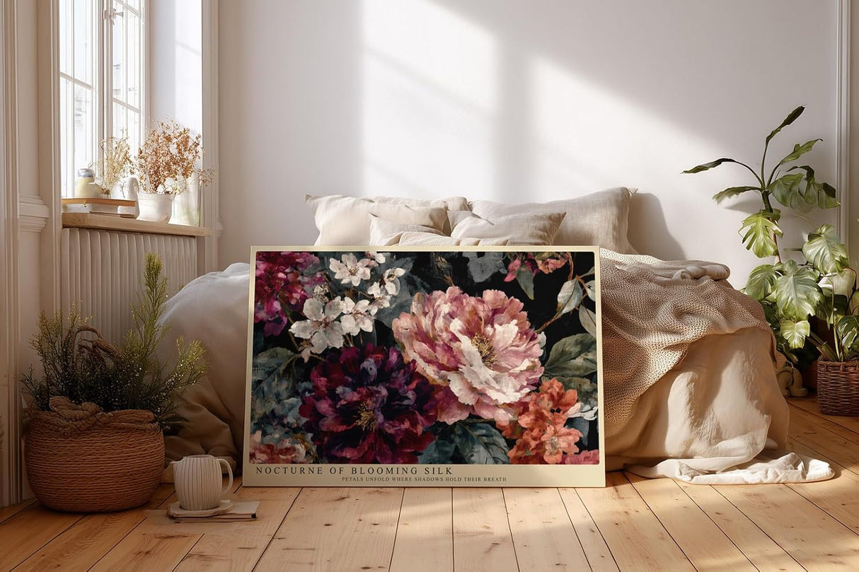 Paul Sinus Wandbild 120x80cm Florale Komposition mit grossen Blueten Dunkle botanische Kunst in Rot Rosa und Cremefarben