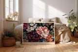 Paul Sinus Wandbild 120x80cm Florale Komposition mit grossen Blueten Dunkle botanische Kunst in Rot Rosa und Cremefarben