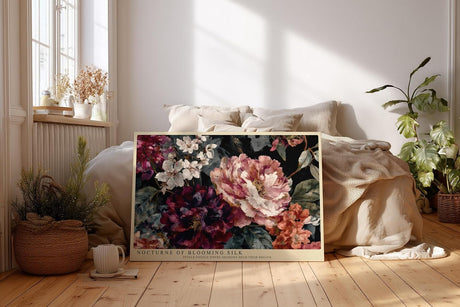 Paul Sinus Wandbild 120x80cm Florale Komposition mit grossen Blueten Dunkle botanische Kunst in Rot Rosa und Cremefarben