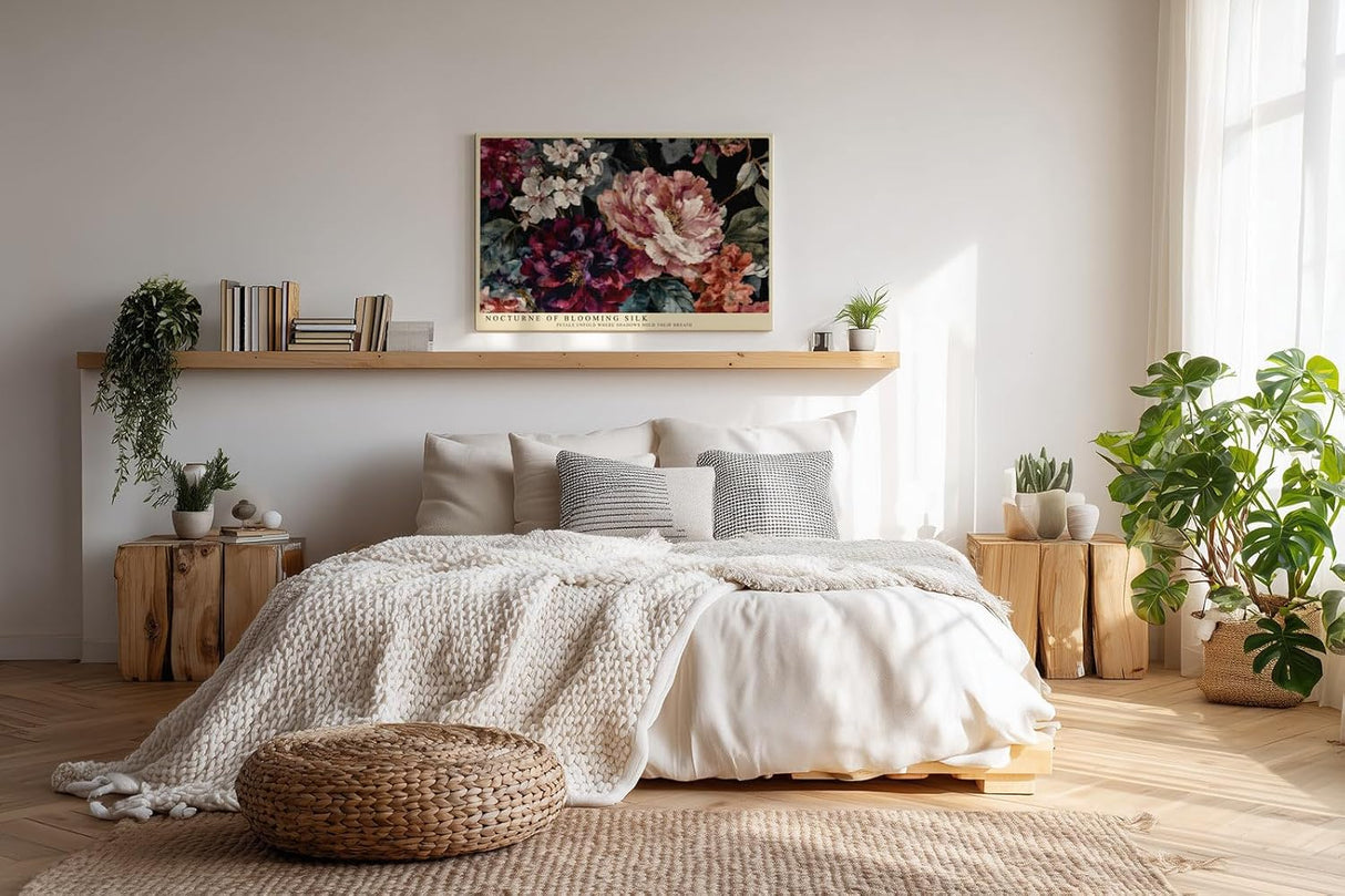 Paul Sinus Wandbild 120x80cm Florale Komposition mit grossen Blueten Dunkle botanische Kunst in Rot Rosa und Cremefarben