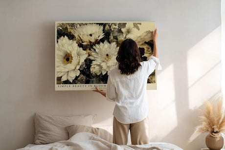Paul Sinus Wandbild 120x80cm florale Vintage Blumenkomposition creme weiss gold botanische Kunst Leinwand Wanddekoration elegantes Blumenbild fuer Wohnzimmer