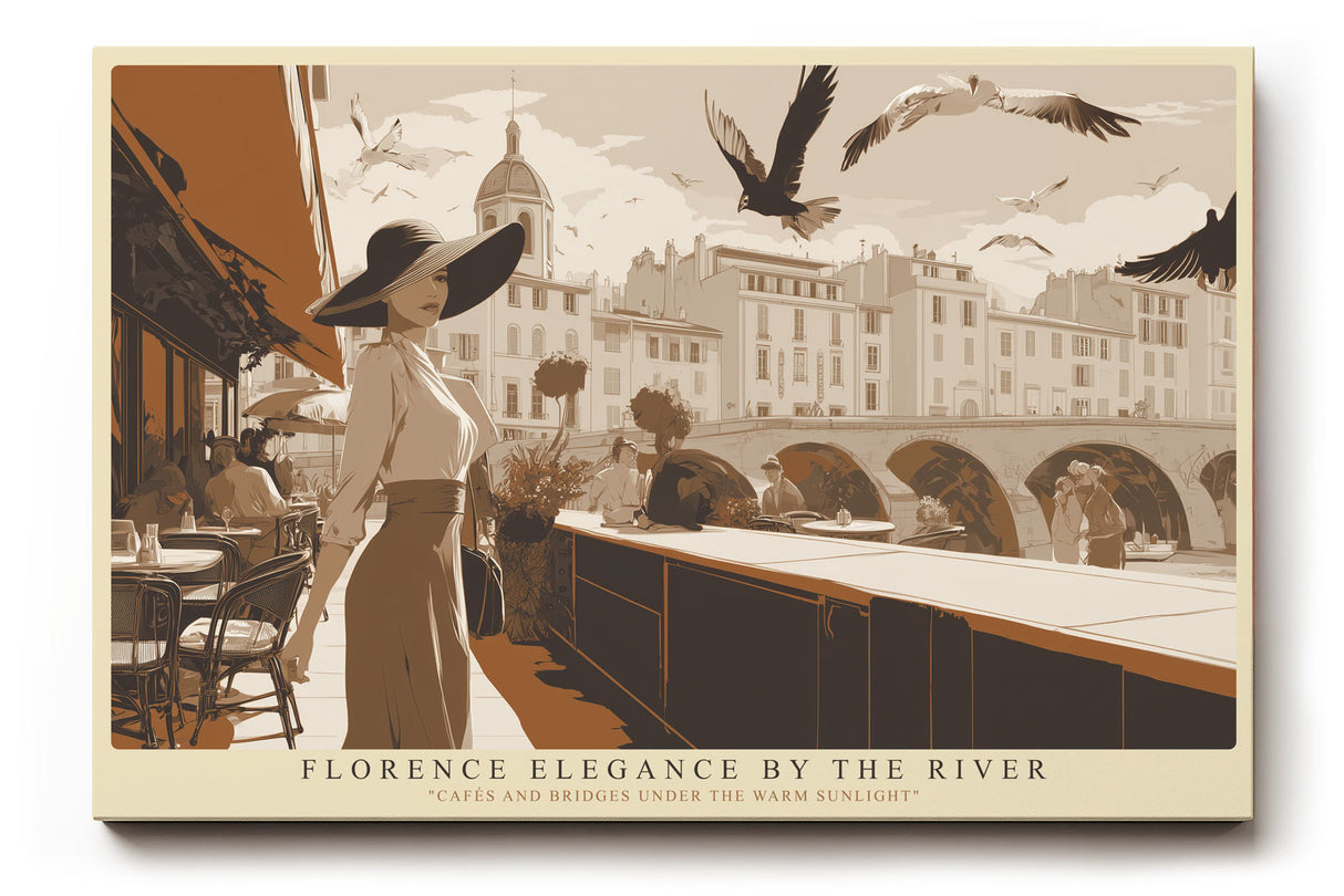 Paul Sinus Wandbild Florence Elegance by the River – Stilvolle Szene am Flussufer von Florenz mit Frau im Sonnenhut, Symbol für Kultur, Mode und zeitlose Eleganz