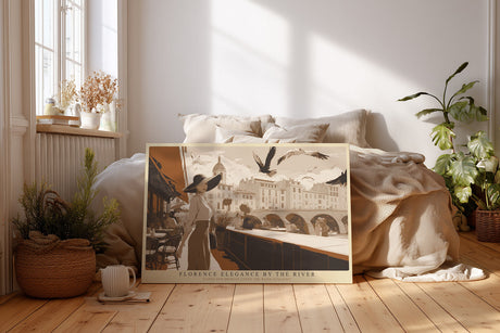 Paul Sinus Wandbild Florence Elegance by the River – Stilvolle Szene am Flussufer von Florenz mit Frau im Sonnenhut, Symbol für Kultur, Mode und zeitlose Eleganz