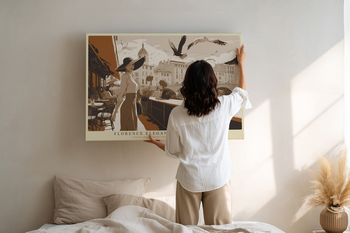 Paul Sinus Wandbild Florence Elegance by the River – Stilvolle Szene am Flussufer von Florenz mit Frau im Sonnenhut, Symbol für Kultur, Mode und zeitlose Eleganz