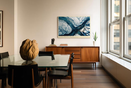 Paul Sinus Wandbild 120x80cm Fluss durch Eislandschaft Luftaufnahme moderne Naturkunst in Blau Weiss Leinwand Wanddekoration fuer Wohnzimmer Büro