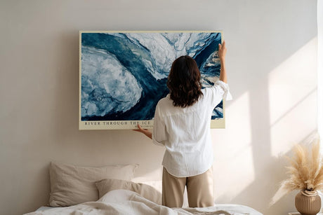 Paul Sinus Wandbild 120x80cm Fluss durch Eislandschaft Luftaufnahme moderne Naturkunst in Blau Weiss Leinwand Wanddekoration fuer Wohnzimmer Büro