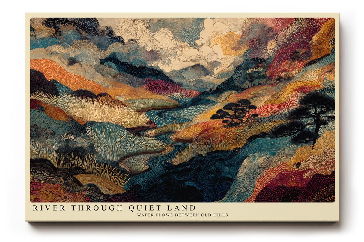 Paul Sinus Wandbild 120x80cm Fluss durch ruhige Landschaft – Künstlerische Naturillustration mit Hügeln Wolken und fließendem Wasser
