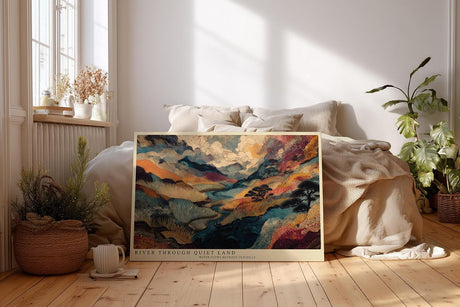 Paul Sinus Wandbild 120x80cm Fluss durch ruhige Landschaft – Künstlerische Naturillustration mit Hügeln Wolken und fließendem Wasser