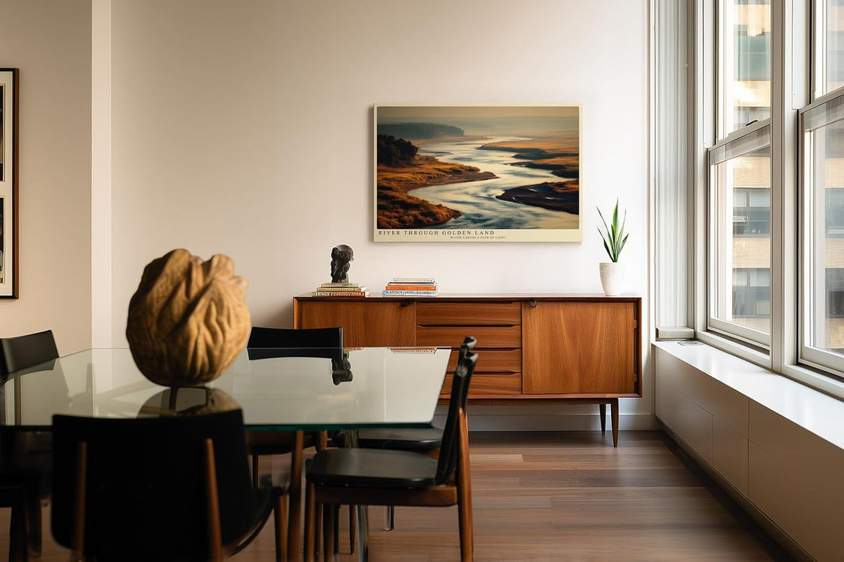 Paul Sinus Wandbild 120x80cm Fluss Landschaft goldenes Licht Natur Fotokunst modern Kunstdruck grosses Kunstbild ruhige Wanddekoration fuer Wohnzimmer Büro Flur