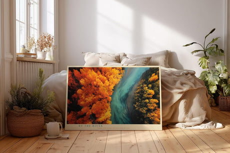 Paul Sinus Wandbild 120x80cm Fluss Landschaft Herbstwald Luftaufnahme Naturfotografie moderne Wanddekoration fuer Wohnzimmer Büro