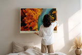 Paul Sinus Wandbild 120x80cm Fluss Landschaft Herbstwald Luftaufnahme Naturfotografie moderne Wanddekoration fuer Wohnzimmer Büro
