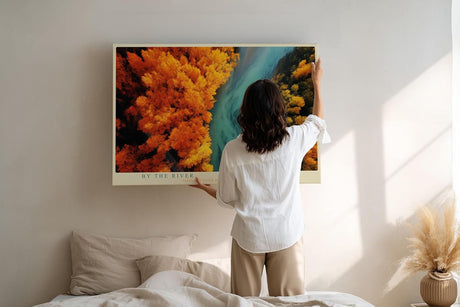 Paul Sinus Wandbild 120x80cm Fluss Landschaft Herbstwald Luftaufnahme Naturfotografie moderne Wanddekoration fuer Wohnzimmer Büro