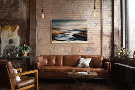 Paul Sinus Wandbild 120x80cm Fluss Landschaft modern beige blau Natur Kunstdruck grosses Kunstbild ruhige Wanddekoration fuer Wohnzimmer Büro Flur