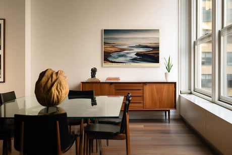Paul Sinus Wandbild 120x80cm Fluss Landschaft modern beige blau Natur Kunstdruck grosses Kunstbild ruhige Wanddekoration fuer Wohnzimmer Büro Flur