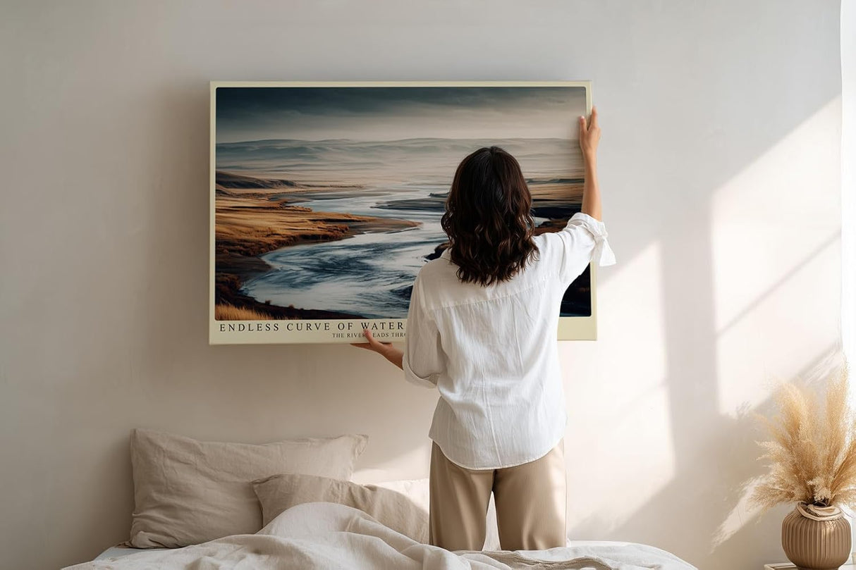 Paul Sinus Wandbild 120x80cm Fluss Landschaft modern beige blau Natur Kunstdruck grosses Kunstbild ruhige Wanddekoration fuer Wohnzimmer Büro Flur