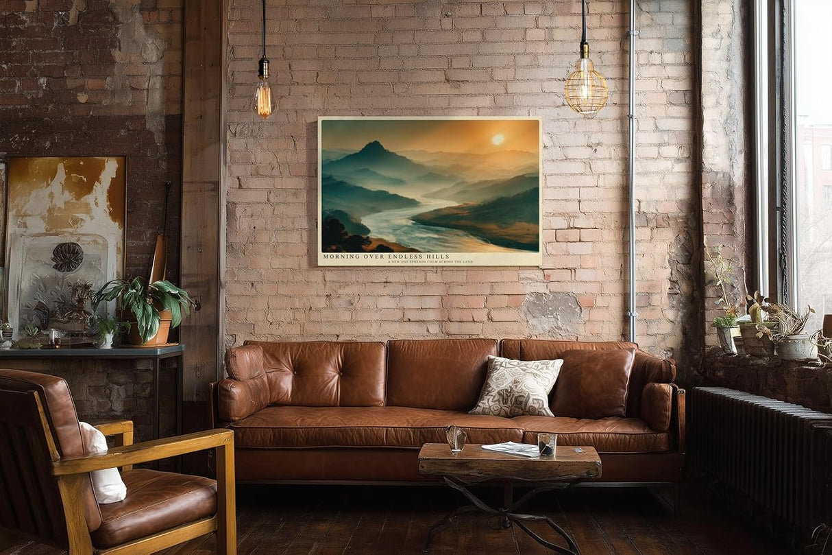 Paul Sinus Wandbild 120x80cm Flusslandschaft bei Sonnenaufgang weite Berge ruhige Natur Landschaft moderne Wanddekoration fuer Wohnzimmer Büro