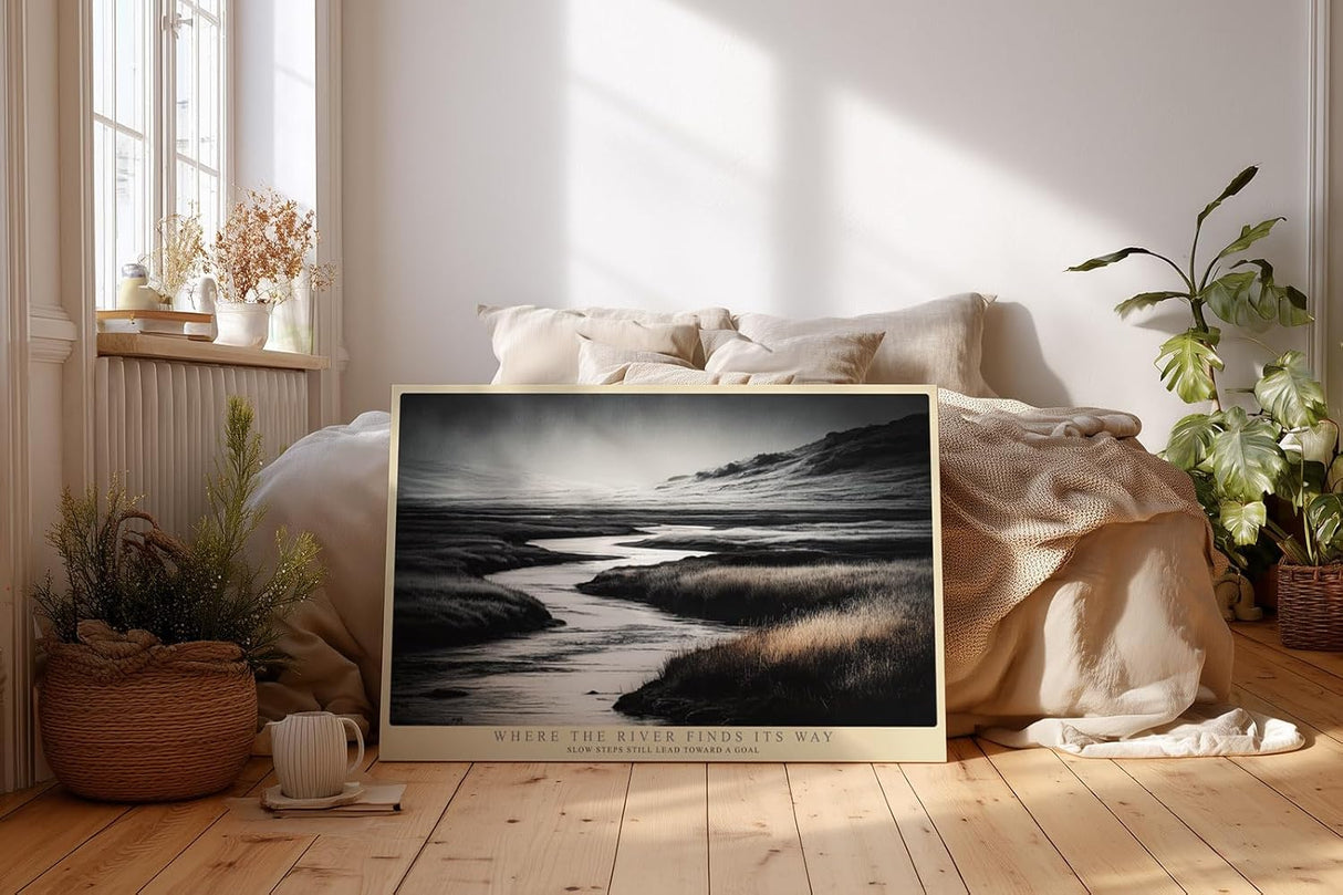 Paul Sinus Wandbild 120x80cm Flusslandschaft in Schwarz Weiss ruhige Naturfotografie mit Wiesen und Bergen minimalistische Wanddekoration fuer Wohnzimmer Büro