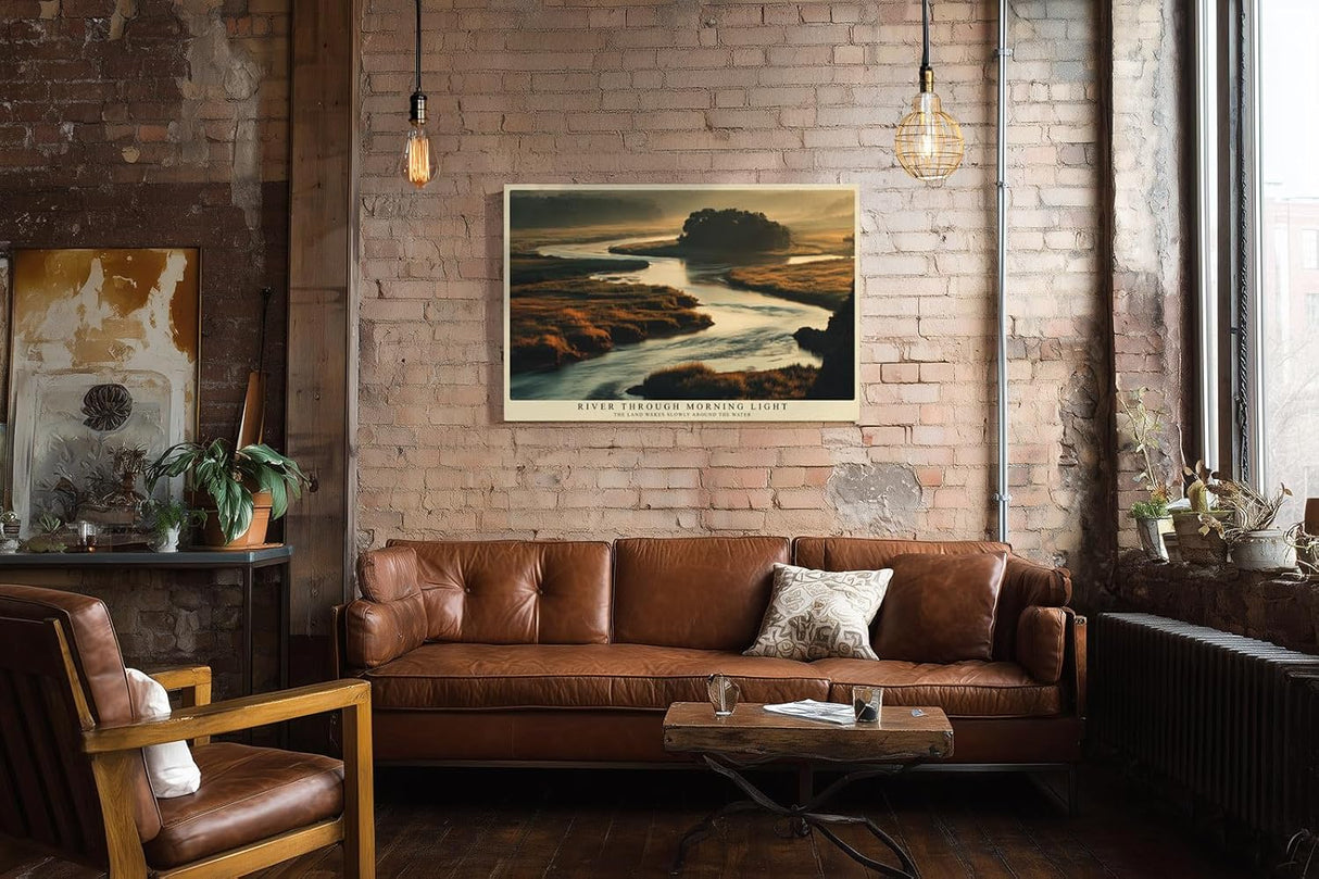 Paul Sinus Wandbild 120x80cm Flusslandschaft Morgenlicht moderne Natur Fotokunst grosses Landschaftsbild stilvolle Wanddekoration fuer Wohnzimmer Büro