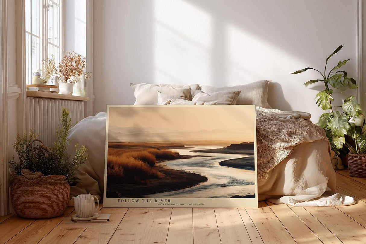 Paul Sinus Wandbild 120x80cm Flusslandschaft Natur Fotografie ruhige Landschaft mit Wasserlauf warme Abendfarben stilvolle Wanddekoration fuer Wohnzimmer Büro