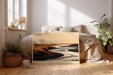 Paul Sinus Wandbild 120x80cm Flusslandschaft Natur Fotografie ruhige Landschaft mit Wasserlauf warme Abendfarben stilvolle Wanddekoration fuer Wohnzimmer Büro