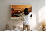 Paul Sinus Wandbild 120x80cm Flusslandschaft Sonnenuntergang modern orange gold Natur Kunst grosses Landschaftsbild stilvolle Wanddekoration fuer Wohnzimmer Büro