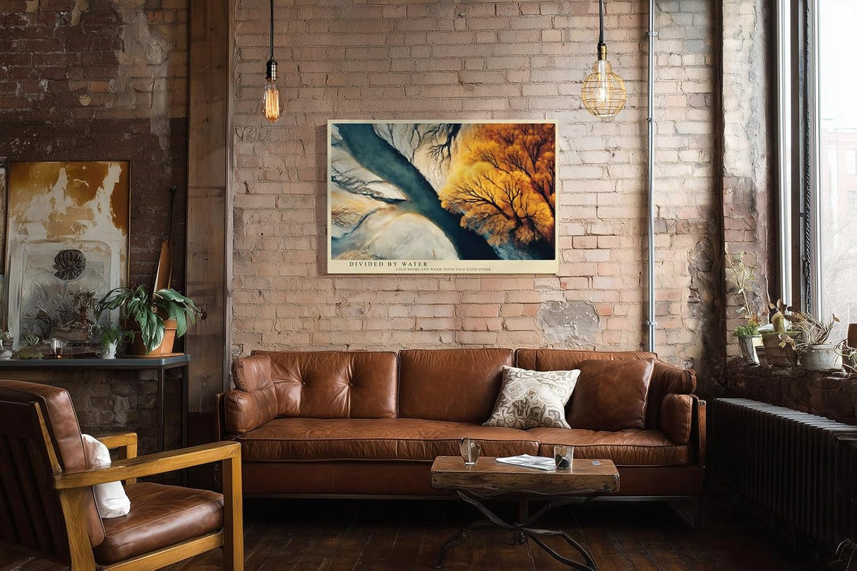 Paul Sinus Wandbild 120x80cm Flusslandschaft Vogelperspektive Natur Kunst blau gold Kunstdruck grosses Wandbild 120x80cm elegante Wanddekoration fuer Wohnzimmer Büro