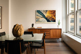 Paul Sinus Wandbild 120x80cm Flusslandschaft Vogelperspektive Natur Kunst blau gold Kunstdruck grosses Wandbild 120x80cm elegante Wanddekoration fuer Wohnzimmer Büro