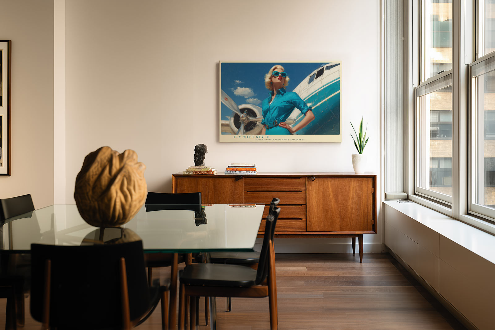 Paul Sinus Wandbild Fly with Style – elegante Frau im Retro-Look vor Flugzeug symbolisiert Freiheit, Mode und Abenteuerlust