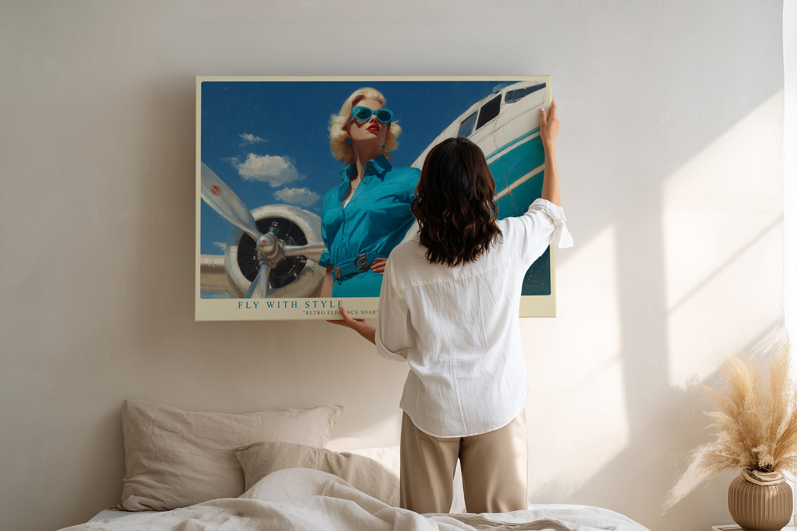 Paul Sinus Wandbild Fly with Style – elegante Frau im Retro-Look vor Flugzeug symbolisiert Freiheit, Mode und Abenteuerlust