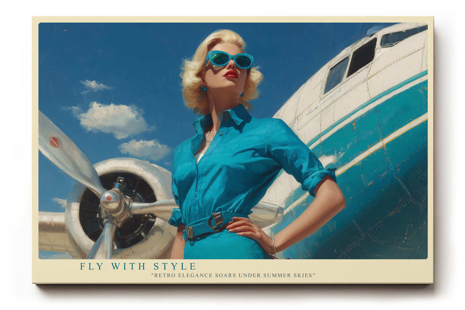 Paul Sinus Wandbild Fly with Style – elegante Frau im Retro-Look vor Flugzeug symbolisiert Freiheit, Mode und Abenteuerlust