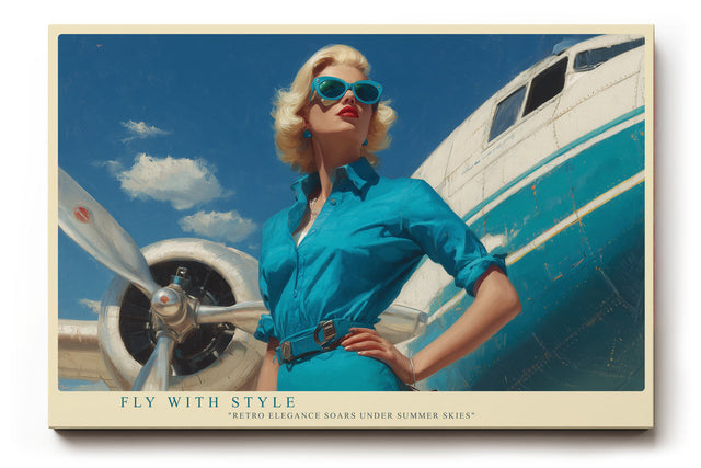 Paul Sinus Wandbild Fly with Style – elegante Frau im Retro-Look vor Flugzeug symbolisiert Freiheit, Mode und Abenteuerlust