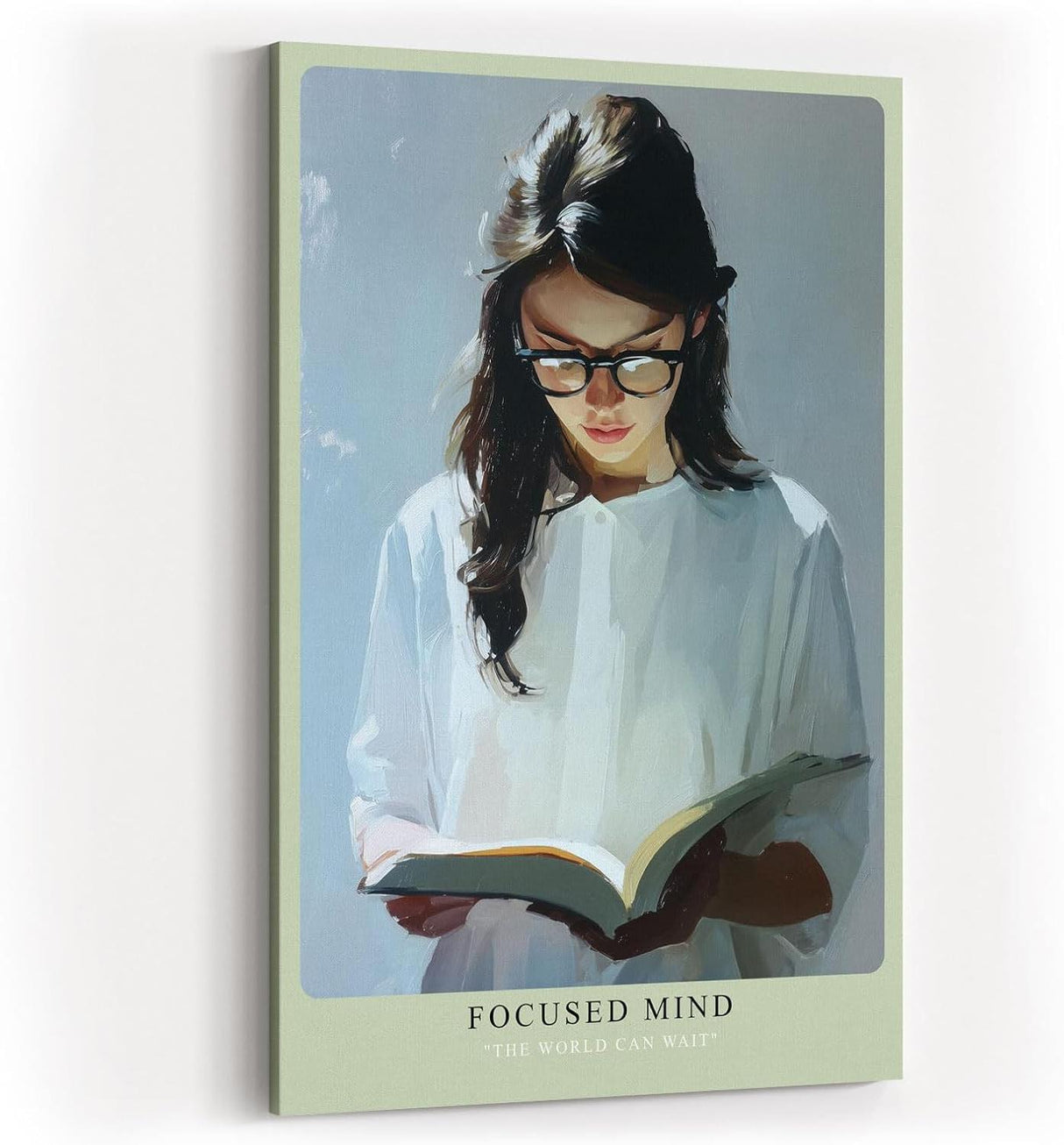 Paul Sinus Wandbild in 40x60cm Focused Mind – Ausdrucksstarkes Porträt einer jungen Frau mit Brille, vertieft ins Lesen, moderne Bilder in kühlen Farbtönen, konzentriert und stilvoll