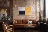 Paul Sinus Wandbild 120x80cm Four Spaces One Balance Abstrakte Geometrische Kunst in Blau Gelb und Weiss Modernes Design Wandbild 120x80cm