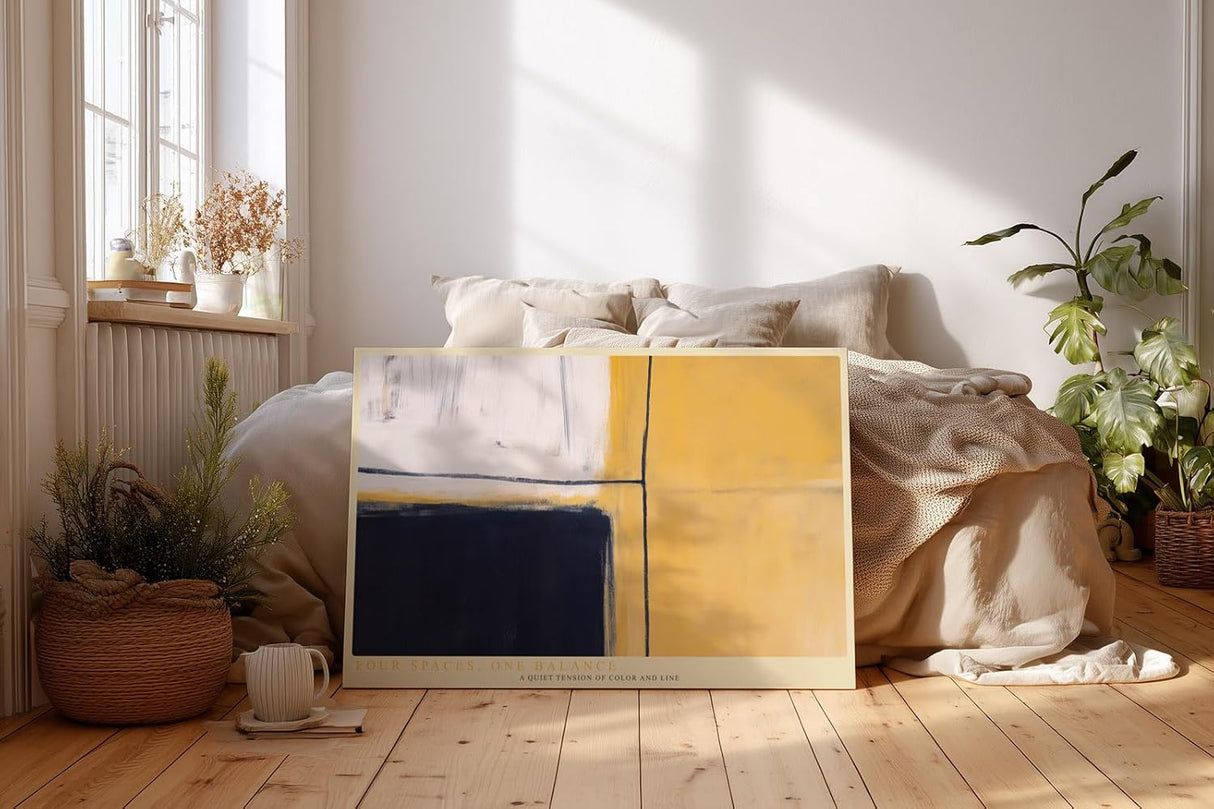 Paul Sinus Wandbild 120x80cm Four Spaces One Balance Abstrakte Geometrische Kunst in Blau Gelb und Weiss Modernes Design Wandbild 120x80cm