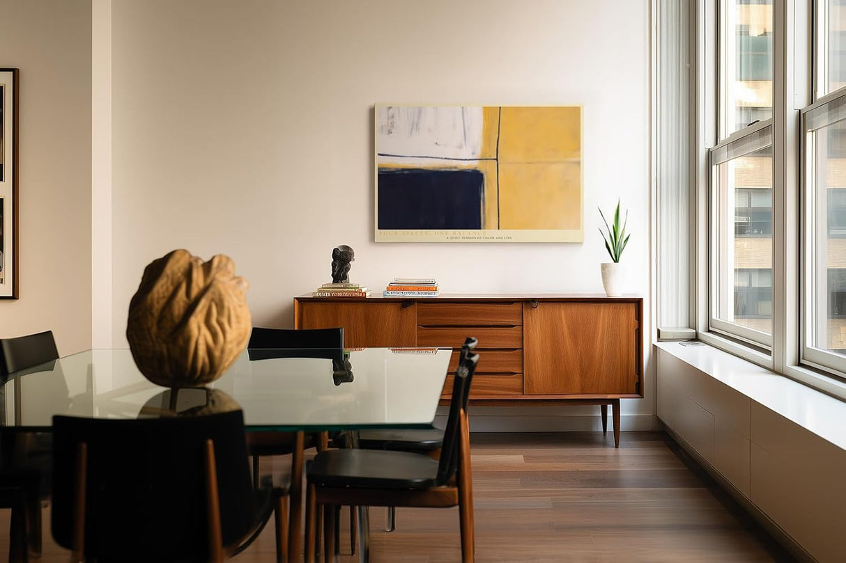 Paul Sinus Wandbild 120x80cm Four Spaces One Balance Abstrakte Geometrische Kunst in Blau Gelb und Weiss Modernes Design Wandbild 120x80cm