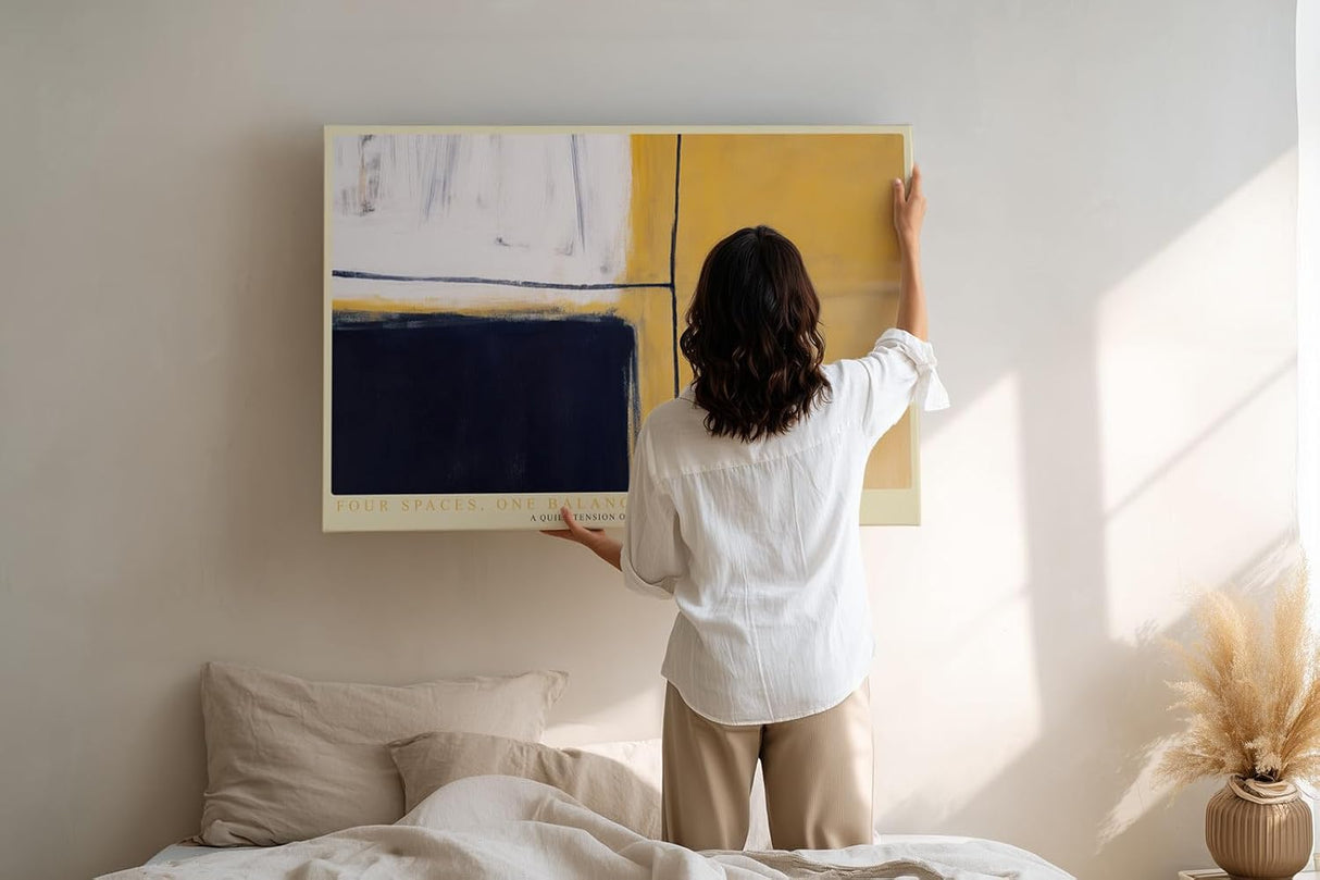 Paul Sinus Wandbild 120x80cm Four Spaces One Balance Abstrakte Geometrische Kunst in Blau Gelb und Weiss Modernes Design Wandbild 120x80cm