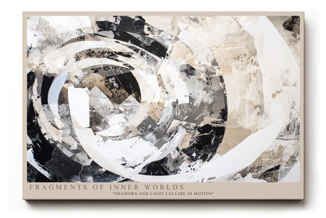 Paul Sinus Wandbild Fragments of Inner Worlds abstraktes Motiv in Schwarz-, Weiß- und Beigetönen mit kreisförmigen Strukturen
